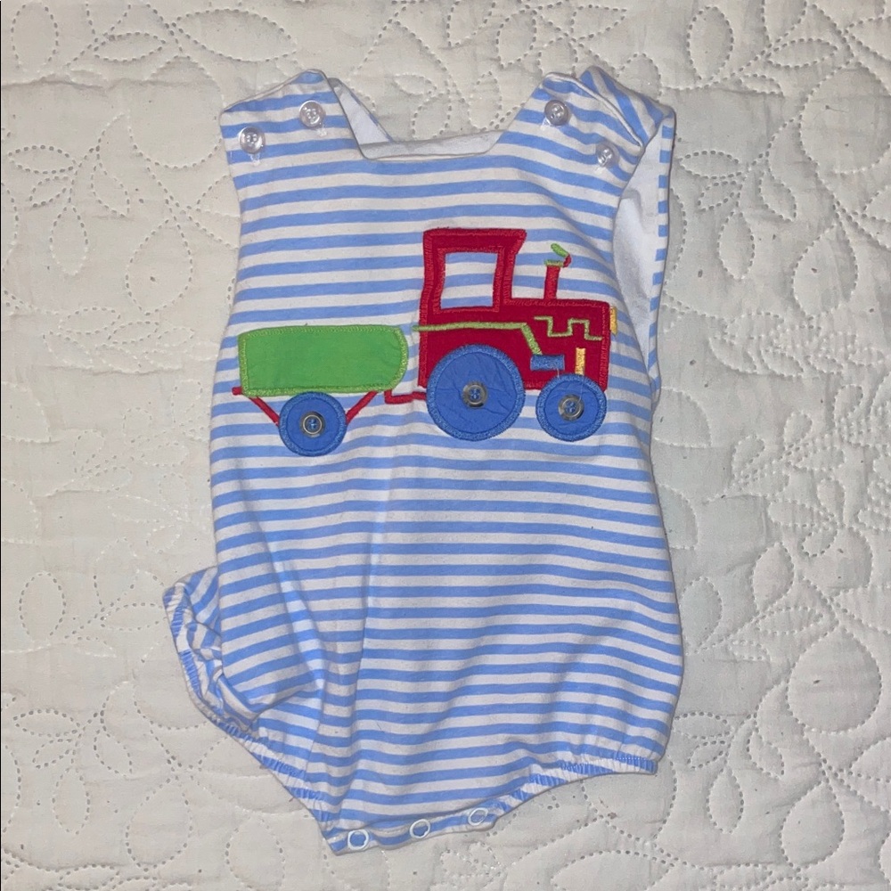 Blue Striped Baby Romper with Tractor